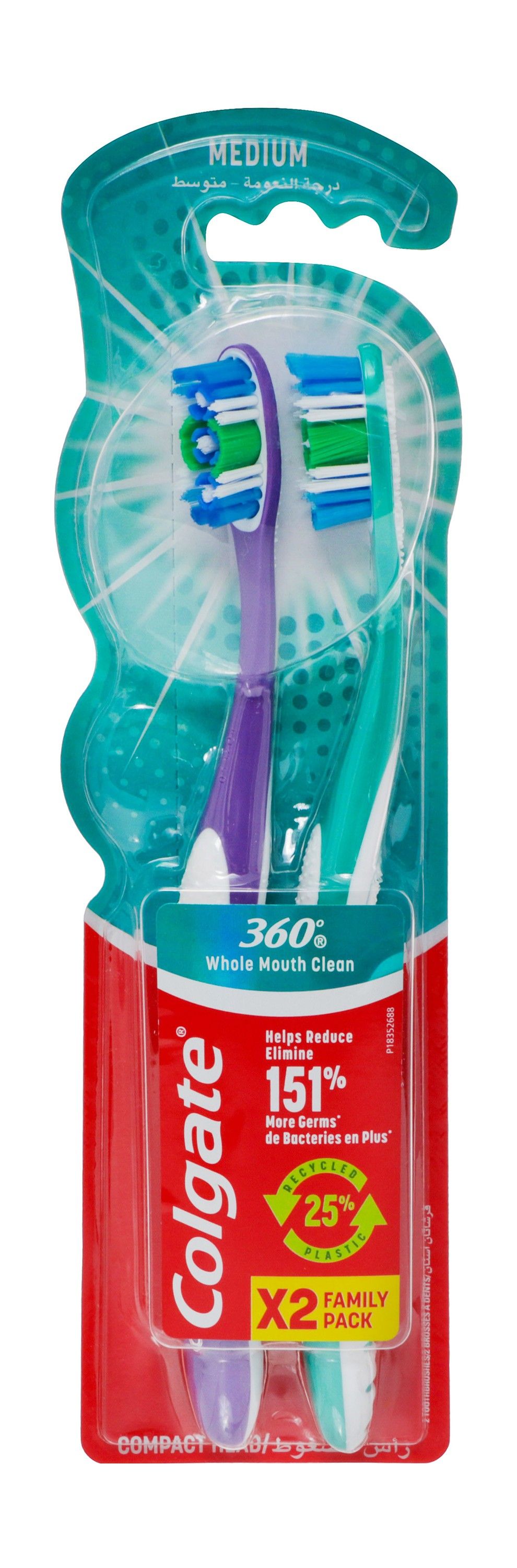 Colgate 360 Degree Whole Mouth Cleaner Purple & Green Medium Toothbrushes, 2 Pieces