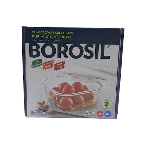 Borosil Klip N Store Square Glass Container, 1000ml