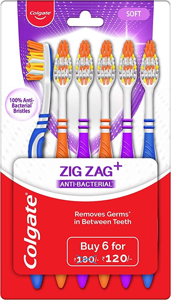 Colgate ZigZag Anti-Bacterial Toothbrush - Medium, 6 Pieces