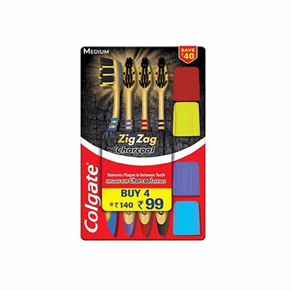Colgate Zigzag Charcoal Medium Bristle Toothbrush, 4pieces
