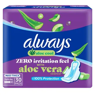 Always Aloe Cool Disposable Pads With Aloe Vera Essence For Light Days, For Zero Irritation Feel, Long Maxi Thick Pads With Wings, 30 Count