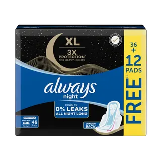 Always Dry & Comfort Night Sanitary Pads Large, 48 Pieces