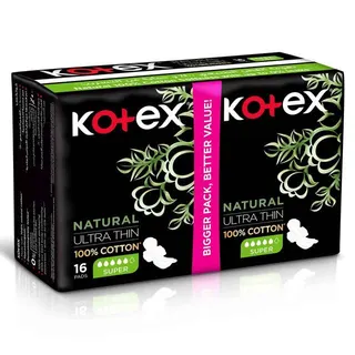 Kotex Hypoallergenic Super Ultra Thin Natural Cotton Sanitary Pads with Wings, 16 Pieces