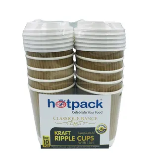 Hotpack Kraft Ripple CupÂ 8oz + White Lids, 10 Pieces