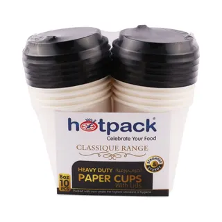 Hotpack Heavy Duty Paper Cup White With Black Lid, 8oz X 10