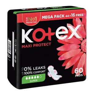 Kotex Maxi Protect Super Pads for Heavy Flow with Wings, 60 Pieces