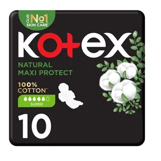 Kotex Hypoallergenic Super Maxi Protect Natural Cotton Sanitary Pads with Wings, 10 Pieces