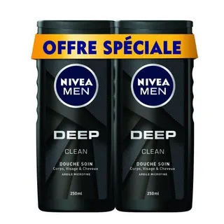 Nivea Men 3in1 Shower Gel Body Wash, Deep Micro-Fine Clay Woody Scent, 2x250ml