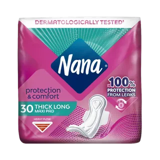 Nana Protection & Comfort Maxi Thick Long Pads with Wings for Heavy Flow, 30 Pieces