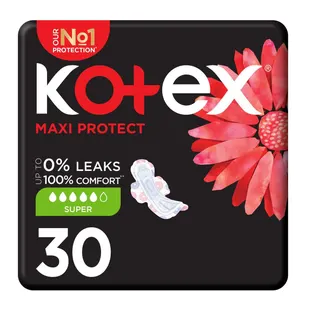 Kotex Maxi Protect Super Pads for Heavy Flow with Wings, 30 Pieces