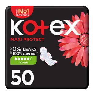 Kotex Maxi Protect Super Pads for Heavy Flow with Wings, 50 Pieces