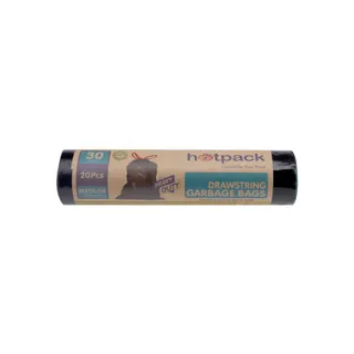 Hotpack Drawstring Garbage Bags Roll Medium Heavy Duty - Black, 60x90cm, 30 Gallon, 20 Pieces