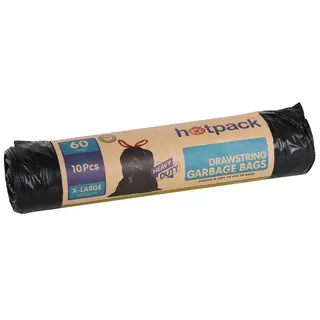 Hotpack Drawstring Garbage Bags Roll X-Large Heavy Duty Black 90 x 110 cm 60 gallon 10 Pcs