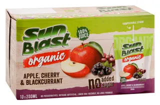 Sun Blast 100% Organic Apple, Cherry & Blackcurrant Juice No Added Sugar, 10x200ml