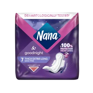 Nana Goodnight Extra Long Maxi Thick Pads with Wings for Super Heavy Flow, 7 Pieces