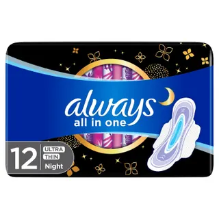 Always Ultra Thin All In One Night XL Sanitary Pads with Wings, 12 Pads