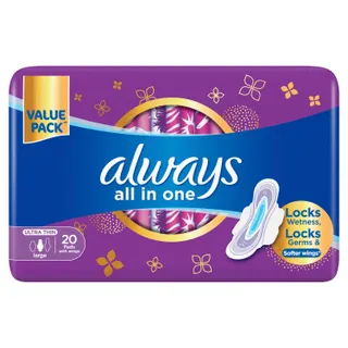 Always All in One Ultra Thin Large Pads with Wings, 20 Pieces