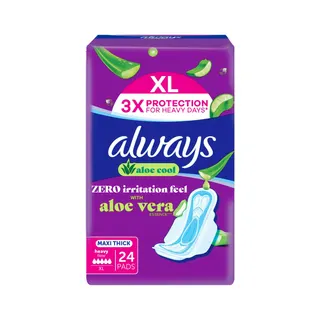 Always Aloe Cool Maxi Thick XL Pads Aloe Vera Scent with Wings, 24 Pieces