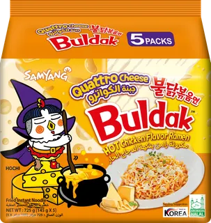 Samyang Buldak Quattro Cheese Hot Chicken Flavor Ramen Stir Fried Noodles Pack, 5x145g