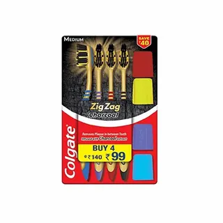 Colgate Zigzag Charcoal Medium Bristle Toothbrush, 4pieces
